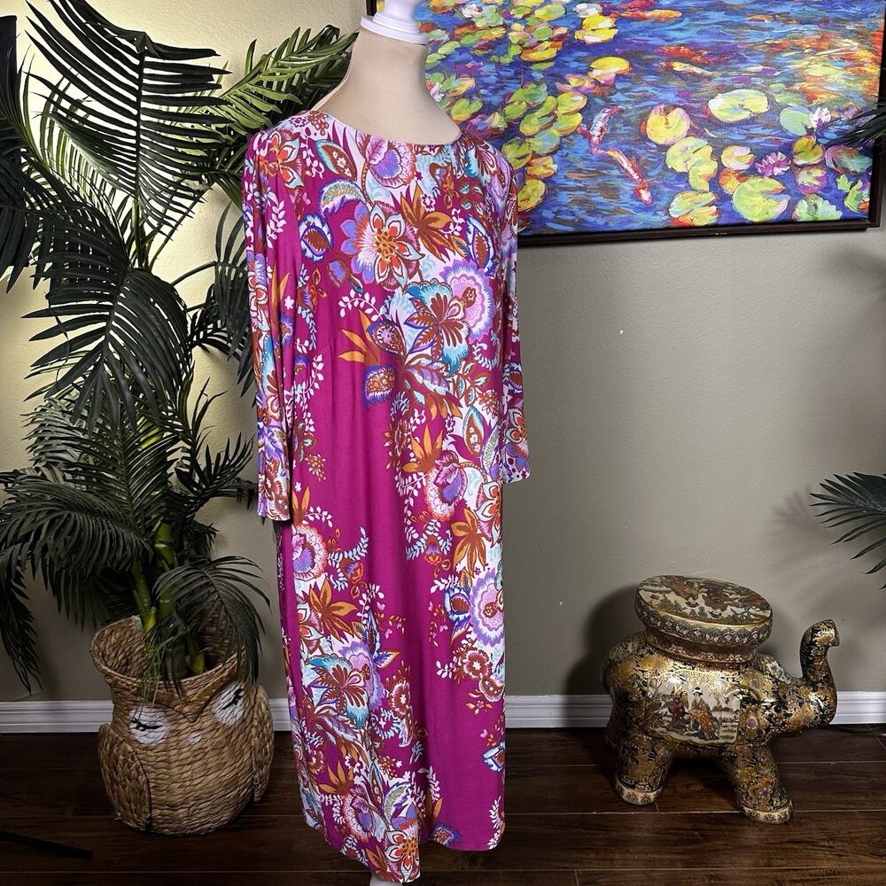 Bob Mackie Dress womeen M Wearable art Midi shift Pink Botanical lined
